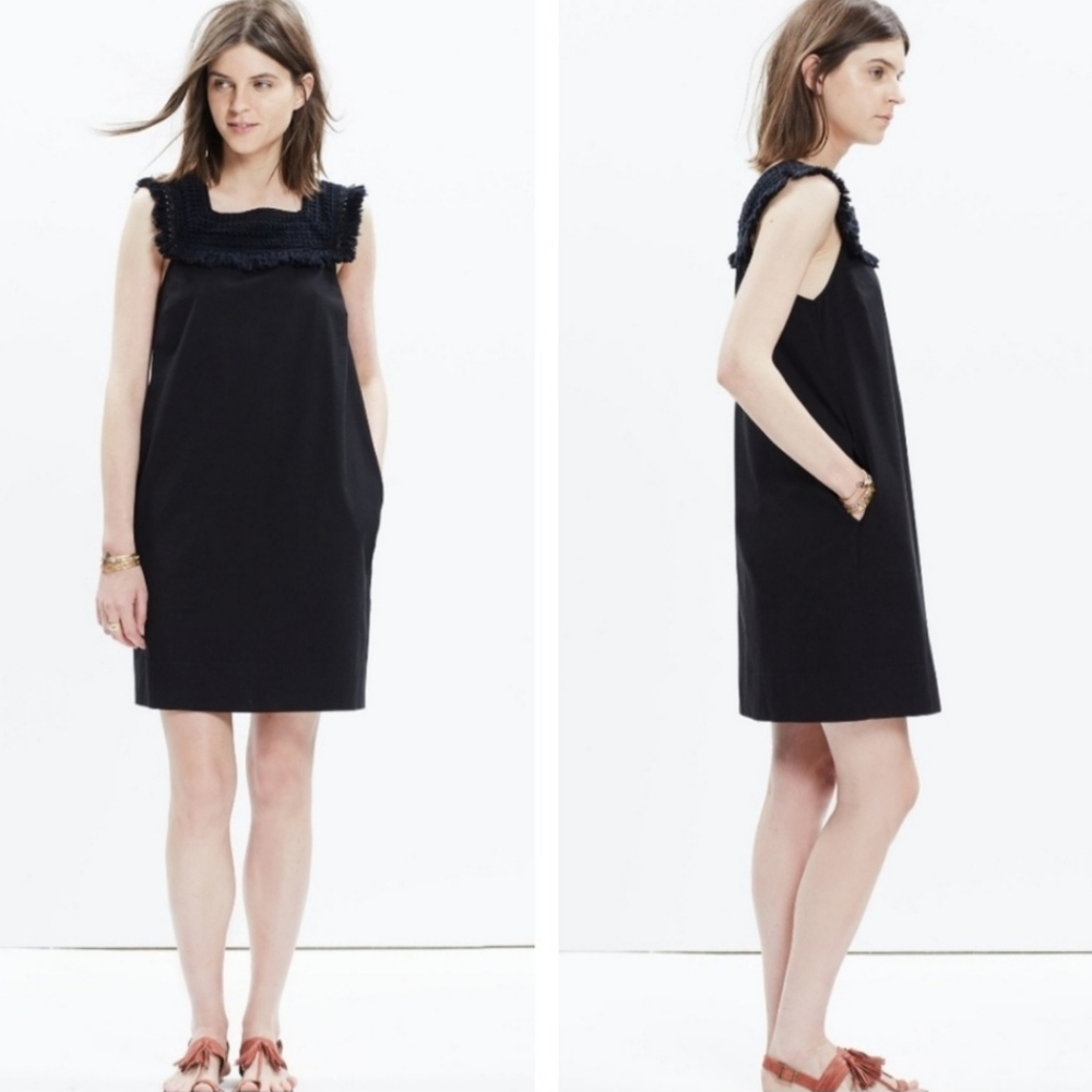 Madewell Sun Dream Fringe Dress Black Pockets Mini Crochet Size 8 Medium